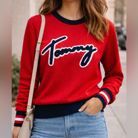Tommy Hilfiger Sweaters - Tommy Hilfiger Red Logo Crewneck Sweater Relaxed Fit M